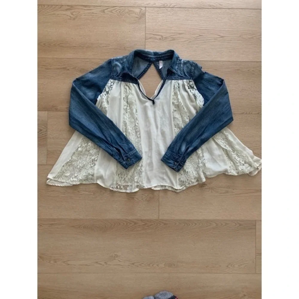 Free People Cream Lace Front Denim Contrast Top